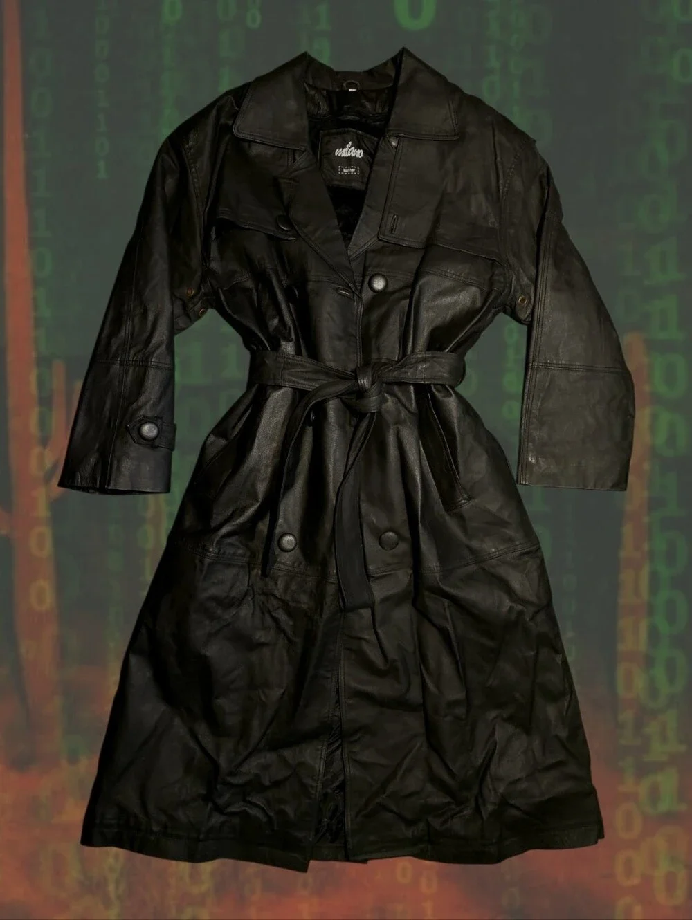 Vintage 80s/90s Milano Black Leather Trench Coat Belted Maxi Duster size Large.